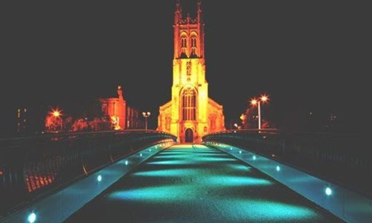 Looking over the bridge to the Derby Cathedral Quarter at Night. Explore Derby Stag Party ideas below: